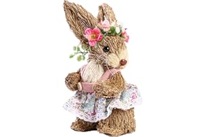 Blanketswarm Figura de conejito de Pascua, estatuilla de conejito de pie, paja tejida conejo de Pascua, adornos de conejo para jardín y hogar