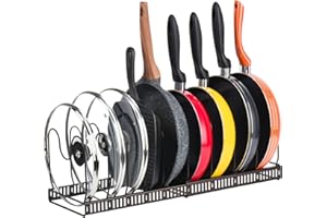 Toplife Expandable Pans Organiser Rack, 10 Adjustable Compartments, Pantry Cupboard Bakeware Lid Plate Holders, Brown