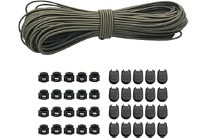 DONDEEN 30m Elastische Gummischnur 3mm Elastische Runde Schnur Elastische Dehnbare Schnur Mit 20Pcs Reißverschluss Pull Cord Lock Cord,20PCS Doppel-Loch Frühling für Rucksack,Schnürsenkel(Dunkelgrün, 3mm*30m)