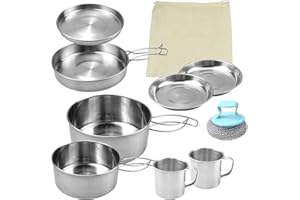 burkfeeg Juego De Ollas para Acampar, Acampar De Acero Inoxidable Utensilios De 9 Piezas, 2-3 Personas, Inoxidable 304 Apilable,Olla Camping, Plato para Olla, para Picnic, Camping, Senderismo