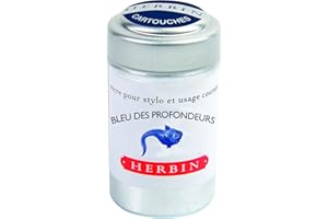 Jacques Herbin - Ref 20118T - Universal Writing Snap-In Ink Cartridges - Bleu des Profondeurs / Deep Blue - Cylindrical Metal Pot of 6 Cartridges - Blue-Coloured Ink