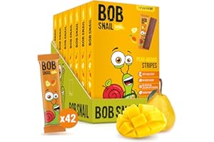 BOB SNAIL ROLL Bob Snail Fruit Leather Stripes – Mango Flavor – Sugar Free, Vegan, Natural Healthy Fruit Snacks for Adults and Kids, Bulk Candy Family Box, 42 Bars (Pack of 7, 588g)