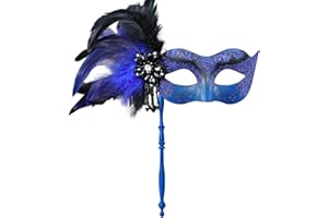 MYSEUNI 2024 New Masquerade Mask for Women with Stick - Shiny Women's Feather Mardi Gras Venetian Mask for Costume Accessory