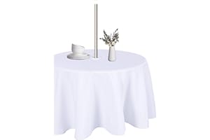 LUSHVIDA Round Outdoor Tablecloth with Umbrella Hole and Zipper, 60 Inch White, Washable Waterproof Table Cloth Spill Proof Wrinkle Free Table Cover for Patio Spring Summer Picnic BBQS