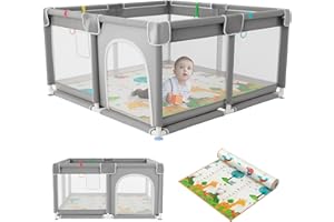 JUPPLIES Parque Infantil Bebe 120x120cm + Alfombra Bebe – Corralito Bebe con Malla Transpirable – Parque de Juegos Bebe Plegable con Puerta Lateral – Playpen Bebe - Gris