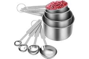 WOODFIB Juego de 8 tazas y cucharas medidoras, Tazas y Cucharas Medidoras de Plástico Reutilizables con Mango de Acero Inoxidable para Medir Líquidos y Sólidos (Plata)