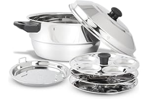 KSJONE Edelstahl Multi Kadai (Induktionsfreundlich) mit Edelstahldeckel, 3 Idli-Teller (15 Idlis), 1 Patra-Teller, silber