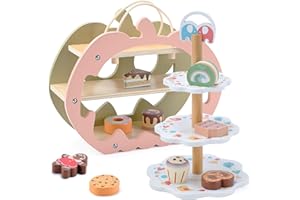 cute stone Set da Tè in Legno per Bambini, Gioco di Imitazione con Espositore Doppio Lato, Cupcakes e Dessert, Giocattolo da Cucina per Ragazzi e Ragazze 3-6 Anni