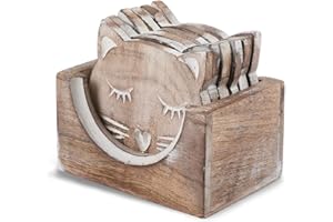 HANDY KALA Drink coasters set of 6 with holder – Handmade Wooden coasters for Coffee, Tea, Mugs, Cups, Wine Glasses – Housewarming gift - Premium quality (Cat Design)