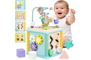 Airlab Wooden Activity Cube Toys, Baby Toys for 1 Year Old, 1st Birthday Gifts for Boys Girl Toddlers, Bead Maze Shape Sorter Sensory Toys, Montessori Educational Learning Presents for Kids Age 1 2 3