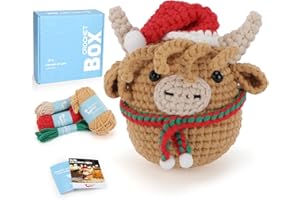 CROCHET BOX Christmas Crochet Kit for Beginners Adults - Highland Cow Kit with Soft Yarn, Step-by-Step Video Tutorial - Easy Knitting Starter Gift