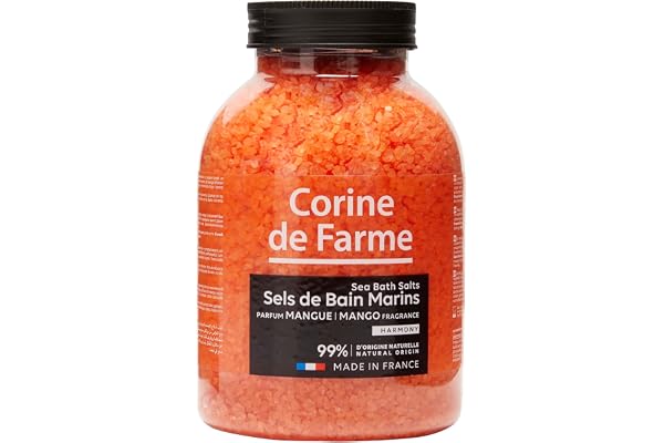 Corine de Farme - Sels de Bain Harmony Mangue - Sels Marins Aromatisés à la Mangue - Dissolution Rapide, Vertus Apaisantes et Relaxantes - Pour Salle de Bain ou Spa - Grand Bocal 1.3kg