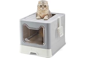 Suhaco Cat Litter Tray with Lid XXL Foldable Large Top Entry Cat Litter Box with Pet Litter Shovel, Covered Kitten Litter Tray with Drawer Pan Leak-Proof Cat Potty (Gray)