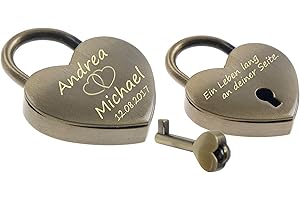 Liebesschloss Herz in Antik-Gold mit Gravur Groß 60x45 mm Vorhängeschloss mit Geschenkbeutel