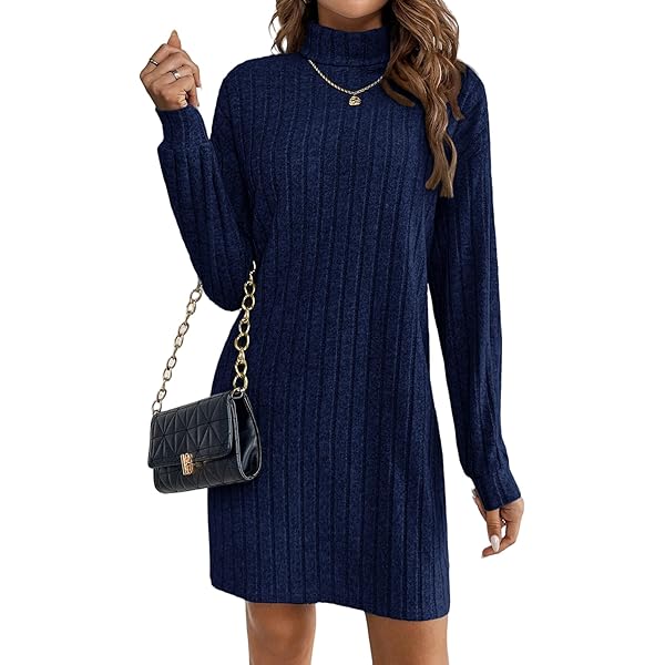 HOTOUCH Gebreide jurk voor dames, lange mouwen, casual jurk met ronde hals, elegante sweaterjurk, Zwart, S