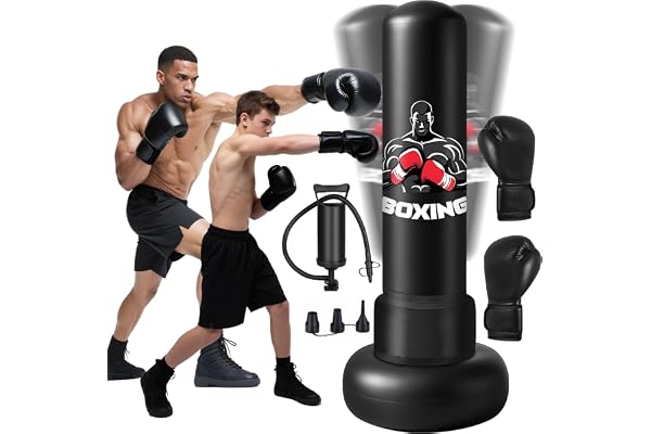 Sac de Frappe sur Pied Gonflable pour Adulte, Qoosea Punching Ball avec Gants et Pompe à Air, Sac de Boxe pour Entraînement de Kickboxing, MMA Karaté Fitness Taekwondo Idéal Cadeau