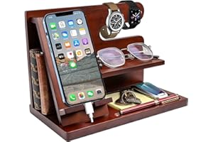 BRITPICK Wooden Phone Docking Station Gifts for Men Bedside Organiser Anniversary Birthday for Husband Dad Wooden Desk Organizer Accessories