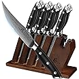 CoquusAid Steak Knives Set of 8 with Block Built-in Sharpener, 4.8 Inch Non Serrated Razor-Sharp Durable Dinner Knives, German Stainless Steel Damascus Pattern Full Tang Forged, Easy to Maintain