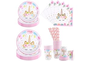 Aitsite 100 sztuk naczyń imprezowych z jednorożcem, zestaw talerzy dla 20 gości, jednorożec, urodziny, talerze, kubki, serwetki