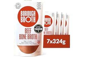 Organic Beef Bone Broth by Borough Broth - High in Collagen for Healthy Skin & Joints - High Protein & Low Calorie - Gluten Free - Grass Fed - Perfect for Gravy & Soups - Delivered Chilled - 7 x 324g