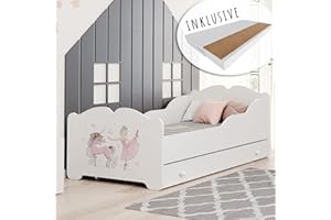 ‎KIDS COLLECTIVE Kids Collective Mädchenbett Kinderbett 80x160 cm mit Matratze und Schublade, Rausfallschutz & Lattenrost in weiß Prinzessin mit Pferd Motiv 160x80 bis 10 Jahre