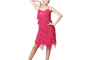Freebily Robe Danse Tango Latine Femme Robe Année 1920 Franges Flapper Élégant Costume Charleston Robe Soirée Bal Fête V Cou Paillette