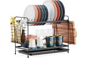 iSPECLE 2 Tier Dish Drainer Rack - Small Dish Drying Rack with Drip Tray, Space-Saving Draining Board Rack with Utensil Cutting & Board Holder for Kitchen Worktop, Black