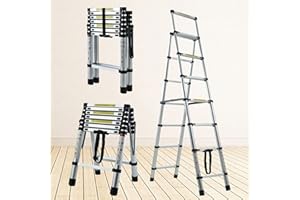 DICN Aluminum Telescopic Folding Ladder 6.5FT Portable Multi-Purpose Folding Ladder 6+7 Heavy Duty Step Ladder EN131 Safe Standard 330lb Max Load Easy to Transport and Storage for Household Daily or Hobby