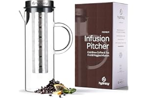 Hydracy Cafetera y Tetera - Jarra de Vidrio de 1,5L - Bebidas Frías y Calientes - Tapa y Filtro de Acero Inoxidable - Tubo Adicional para Infusiones de Frutas - Apto para Lavavajillas