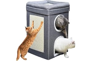 Geananao Kratztonne, Katzenkratzbaum mit 2 Katzenhöhle, Kratzturm mit Kratzbrett, Katzenturm mit 3 Ebenen & 3 Matten, Katzentonne für Katzen bis 20 kg, Kratzbaum Katzenmöbel Dunkelgrau