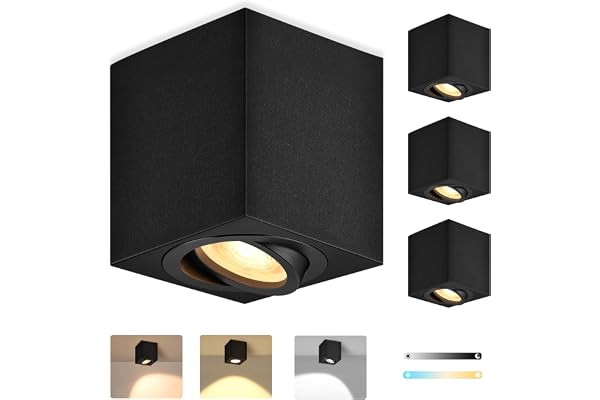 GeyouLux 4x Spot en Saillie Carré Dimmable, Ø80x84mm Spot Plafonnier, Orientable 30°, Spots de Plafond incluse Remplaçable 5W LED Modules, 3000K/4000K/6500k Aluminium Downlight(noir)