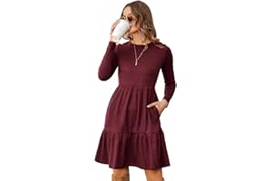 Zeagoo Vestido de Mujer de Manga Larga y Cuello Redondo para Otoño con Bolsillos Elegante Vestidos hasta la Rodilla Invierno