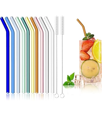 Lot De 6 Pailles En Verre Réutilisables Avec Brosses - Verre Borosilicate Résistant, Design Courbé Coloré | Pour Jus, Cocktails, Boissons Chaudes - 4