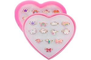 Steemjoey 12 Pièces Bagues pour Enfants, Anneaux Réglables pour Filles, Licorne Bagues Princesse avec Boîte en Forme de Coeur, Girl Semblant de Jouer et Habiller des Anneaux Cadeau à une Petite Fille