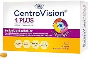 CentroVision 4 PLUS - Nahrungsergänzung für die Augengesundheit, patentierte Formel mit Superoxid-Dismutase und hochwertigem, natürlichem Lutein und Zeaxanthin, laktose- und glutenfrei, 60 St.