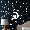 Wandtattoo Fee Auf Mond – 35 X 41 Cm + Sterne, Konturgeschnitten, Hellgrau