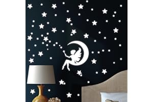 WANDTATTOO-LOFT Wandtattoo Loft "Fluoreszierende Zauber Fee auf einem Mond mit Sternen Leuchtaufkleber - Wandtattoo Fluoreszierende leuchtende Sticker für das Kinderzimmer Sternenhimmel