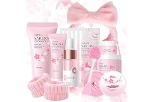 DONGCILL 14 Pièces Sakura Ensemble de Soins du Visage,Sakura Coffret Soin Visage avec Nettoyant Visage,Sérum,Crème pour le visage,Masque de boue,Sakura Skin Care Set Femme Convient à Tous Types de Peau