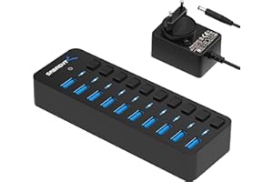 SABRENT Hub USB Alimenté,10 Port Docking Station 5 Gbps, 12V/5A 60W Adaptateur Alimentation, Port USB Multiple pour PC avec des commutateurs et LED des voyants d'alimentation individuels (HB-BU10)