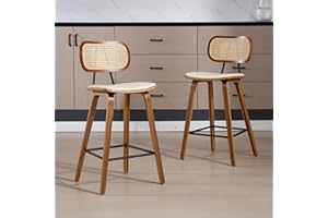 chairus Tabourets de Bar Lot de 2 Tabourets de Comptoir Bois et Métal Chaise Haute Bar avec Dossier Rotin pour Central Îlot, Beige