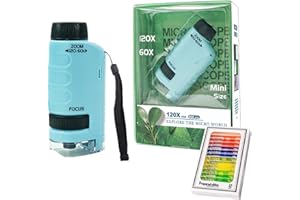 GAOGODOT Microscopio tascabile con luce LED (60x-120x), Microscopio portatile per bambini, Mini microscopio biologico per studenti con 12 vetrini, kit esploratore bambini per osservazione biologico, blu
