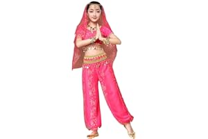FEOYA Costume Danse Orientale Enfant Tenue Danse Indienne Bollywood Fille Enfant 5 pcs Top+Sarouel+Ornement de Tête+Foulard+Ceinture 3-11 Ans