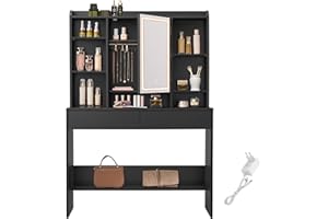 ‎VASAGLE VASAGLE Schminktisch mit LED-Beleuchtung, 3 Farben mit Einstellbarer Helligkeit, Frisiertisch mit Spiegel, Kosmetiktisch mit verstellbaren Ablagen, 2 Schubladen, modern, tintenschwarz RDT123B01