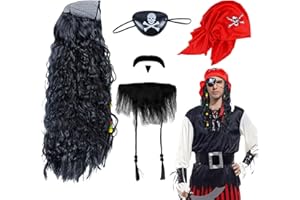 UILYNIU 4 Pcs Pirate Costume Set Captain Pirate Accessories Adult Child Pirate Wig Pirate Hat Pirate Beard Pirate Skull Eye Patch Pirate Costume Adult Men for Halloween Carnival Cosplay Party
