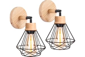 iDEGU 2 Piezas Lámpara de Pared Vintage 16CM Aplique Pared Interior de Madera Metal Industrial Diseño Jaula E27 Iluminación Ajustable Retro Lámpara de Techo para Dormitorio Pasillo Café (Negro)