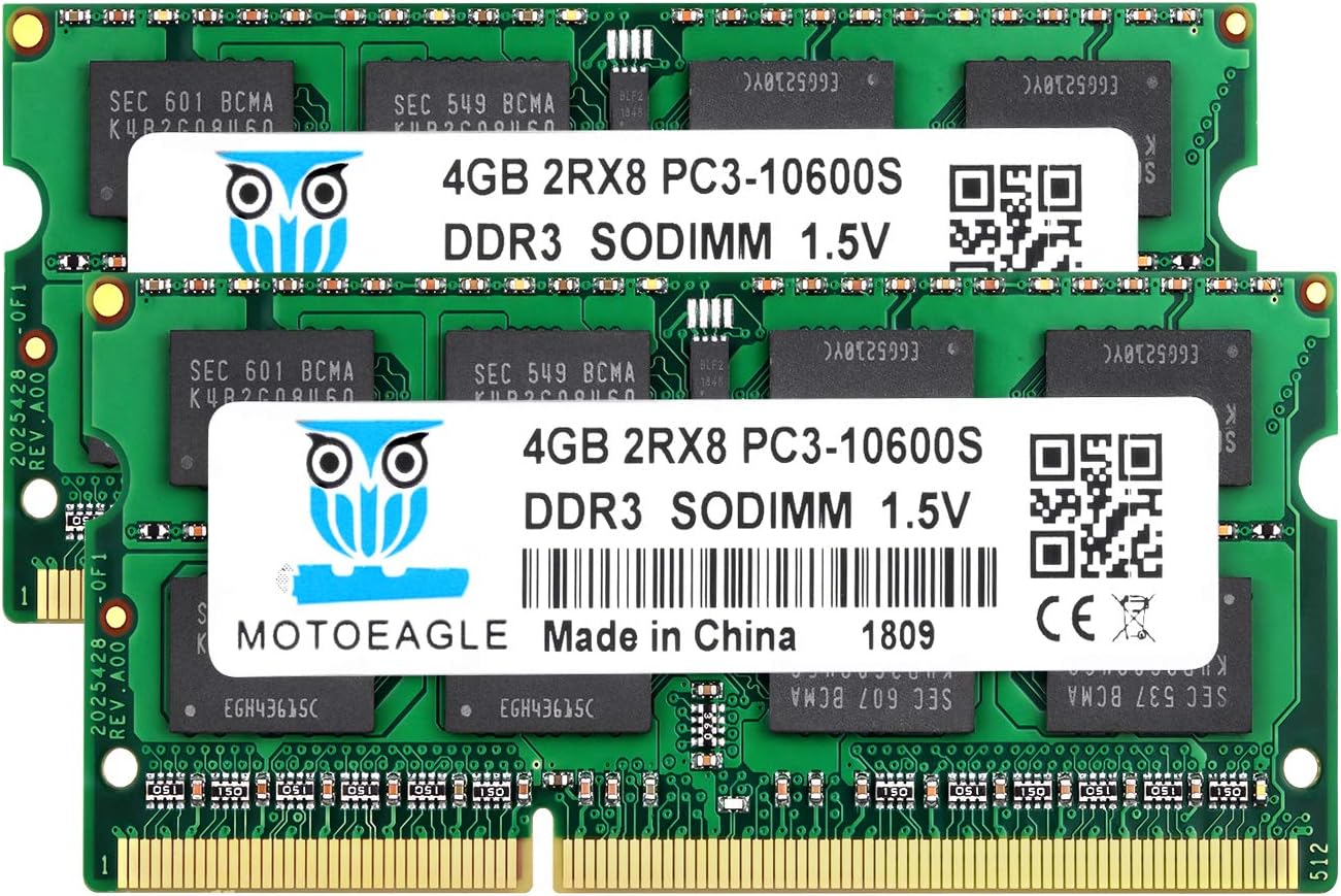 8GB Kit (2x4GB) PC3 10600S DDR3 1333MHz 2RX8 Dual Rank PC2-10600 DDR3-1333 Sodimm 1.5V 204-pin Sdram Non-ECC Unbuffered Módulo de Memoria RAM para portátiles