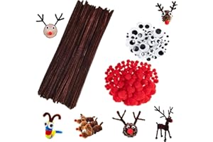Anguxer 450 pièces Ensemble de Cure-Pipes de Noël, Fils chenilles Set, Inclure 100 cure-pipes marron pour bricoler, 150 pompons rouges, 150 yeux, pour Noël Artisanat Bricolage