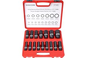 DAKCOS 16-częściowy zestaw kluczy nasadowych sześciokątnych 1/2", metryczny 10-32mm, zestaw nasadek udarowych głębokich, CR-MO