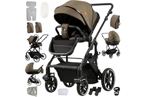 Nine point nine 4 in 1 Pushchair Pram Travel System, 4 in 1 Baby Stroller with One-Click Folding, Toddler Buggy Reversible Two Pushing Modes, Newborn Infant Carriage Aluminum Frame (688 Khaki)