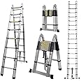 COOCHEER 5M Telescopic Ladder 2-in-1 Multifunctional Ladder Foldable, Load Capacity up to 150 kg (2.5 + 2.5 m), Silver and Black